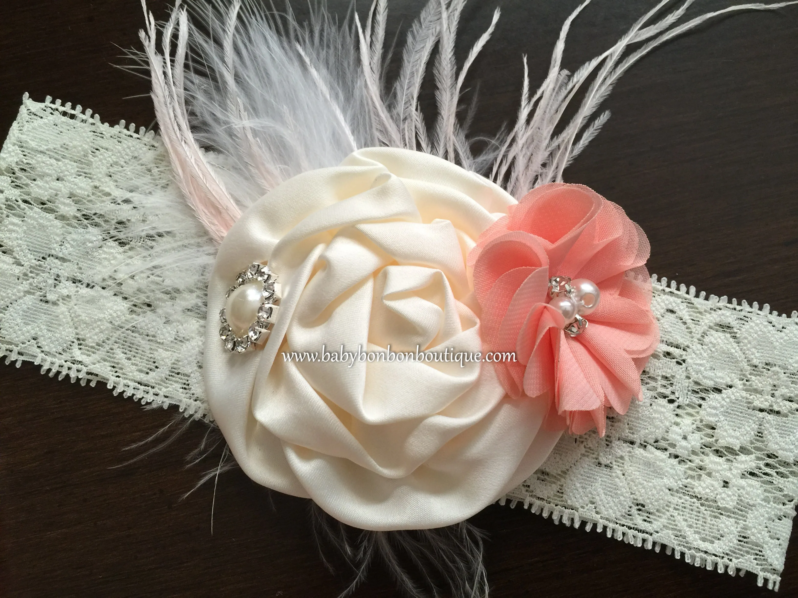 French Ivory and Coral Shimmer Headband & Sash Set