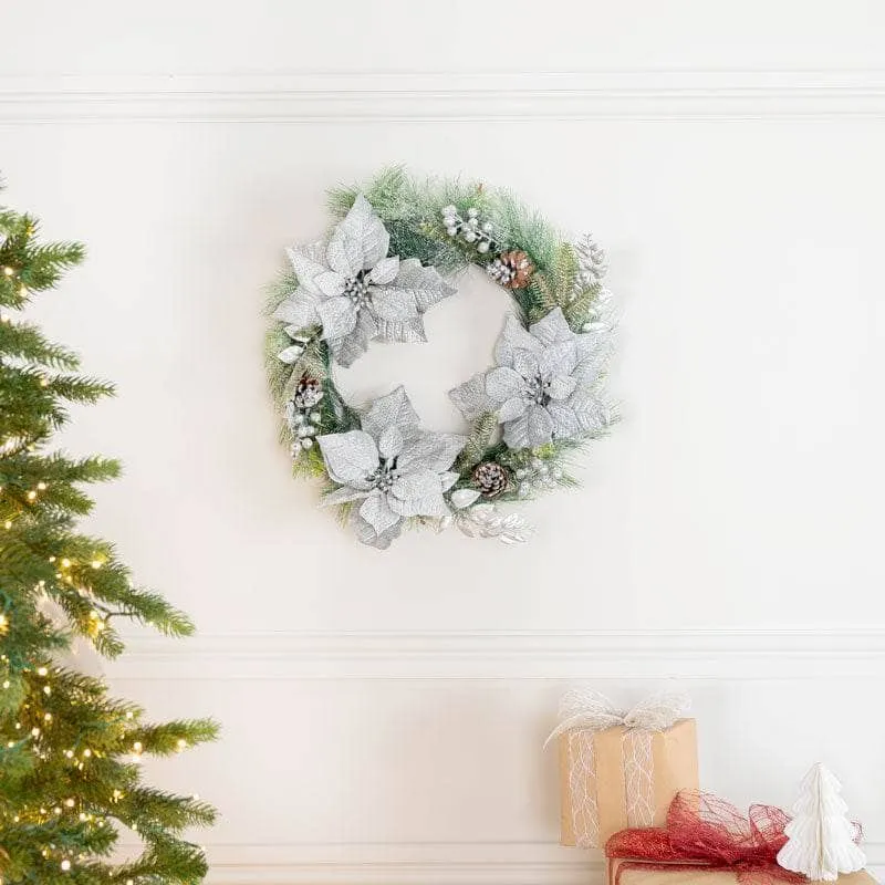 Frosted Poinsettia & Fern Wreath - 61cm