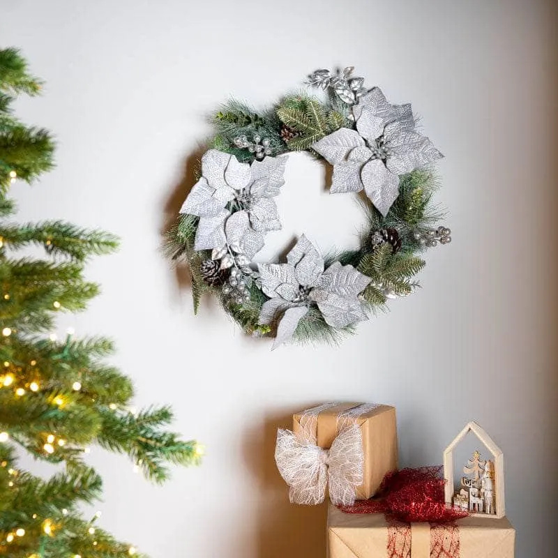 Frosted Poinsettia & Fern Wreath - 61cm