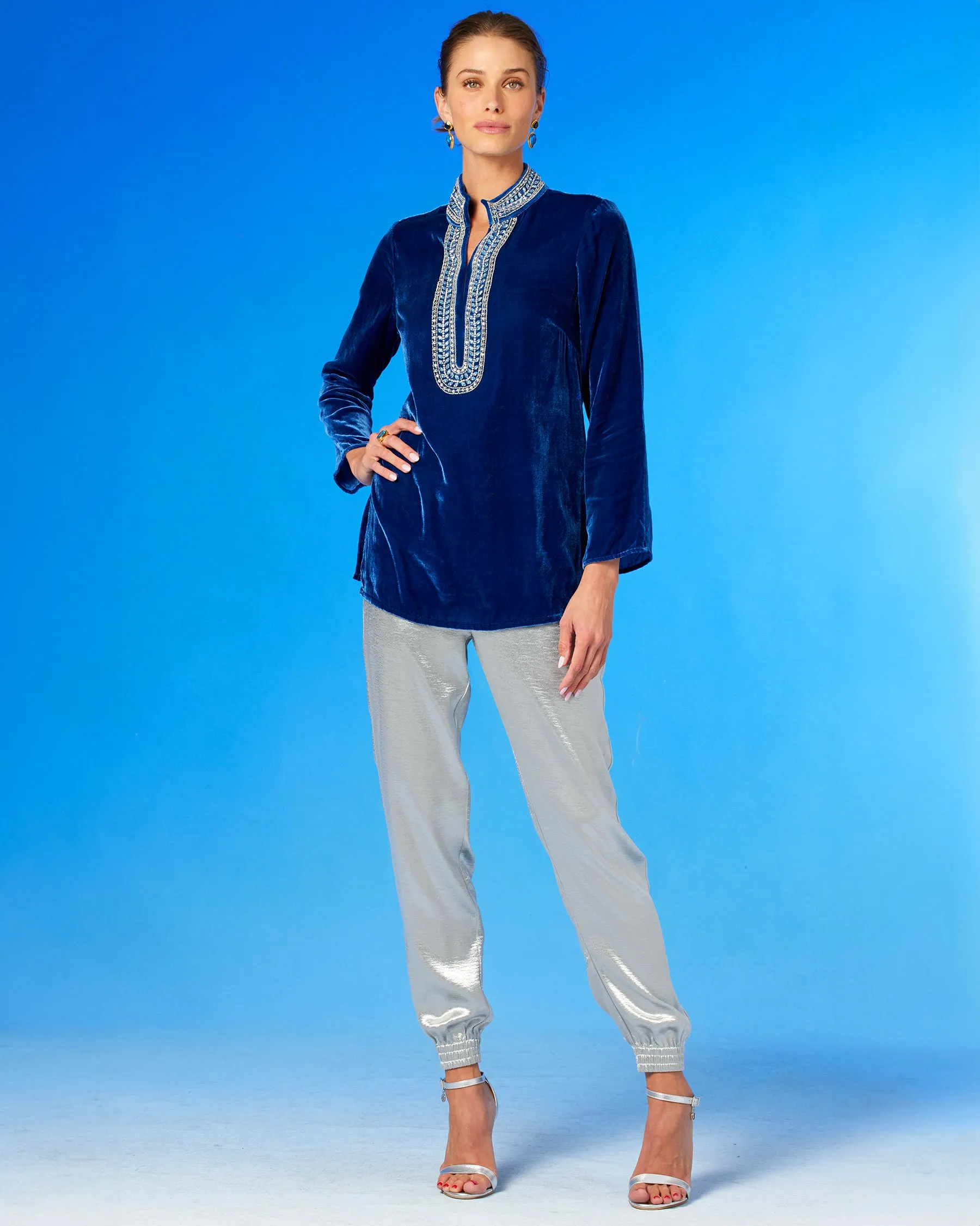 Georgiana Tunic in Navy Silk Blend Velvet and Laurel Embellishment