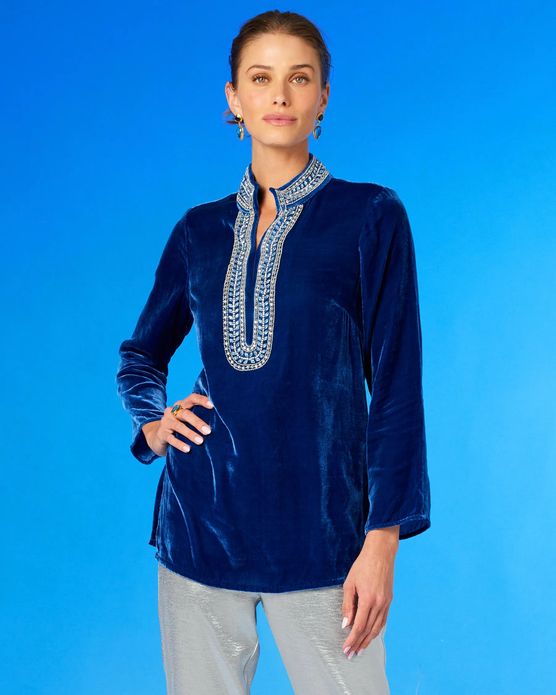 Georgiana Tunic in Navy Silk Blend Velvet and Laurel Embellishment