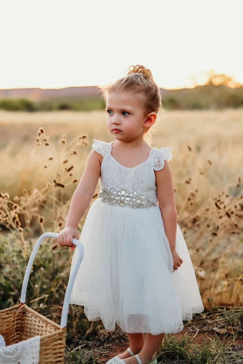 Girls Diamante Sash Belt - Ivory