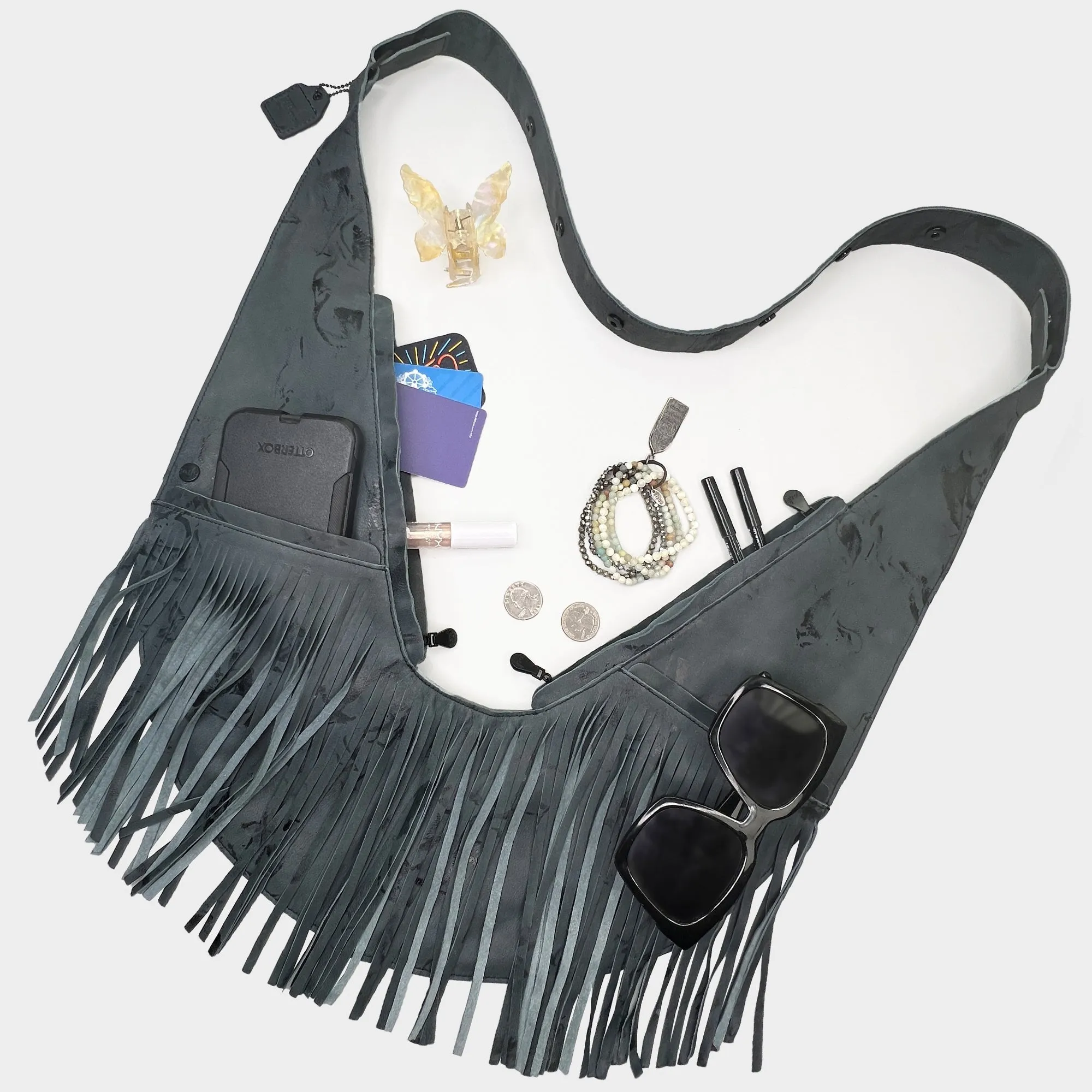 Glam Black Fringe Leather Sash Bag