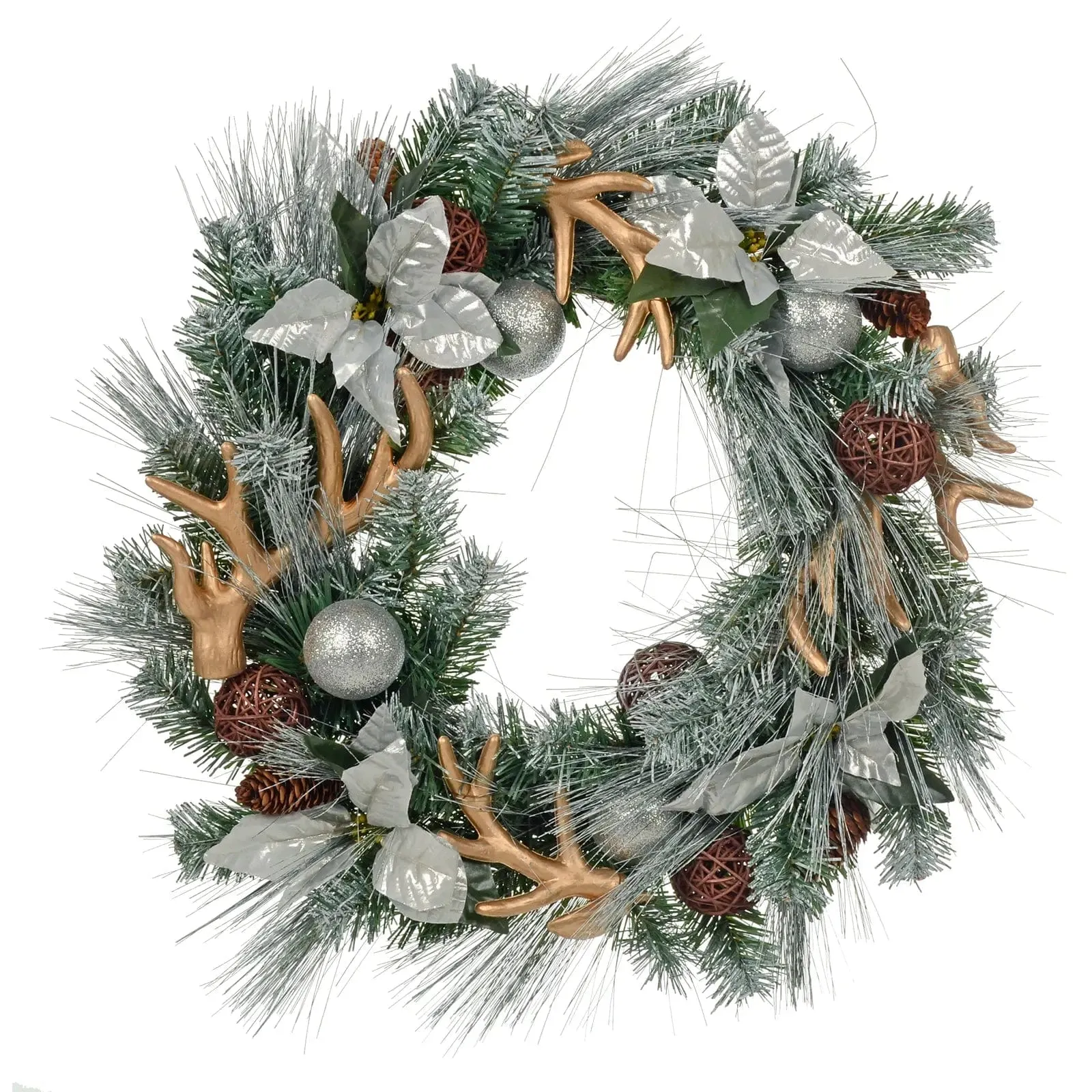 Gold Silver Christmas Wreath Frosted Pine Antlers Flowers 60cm