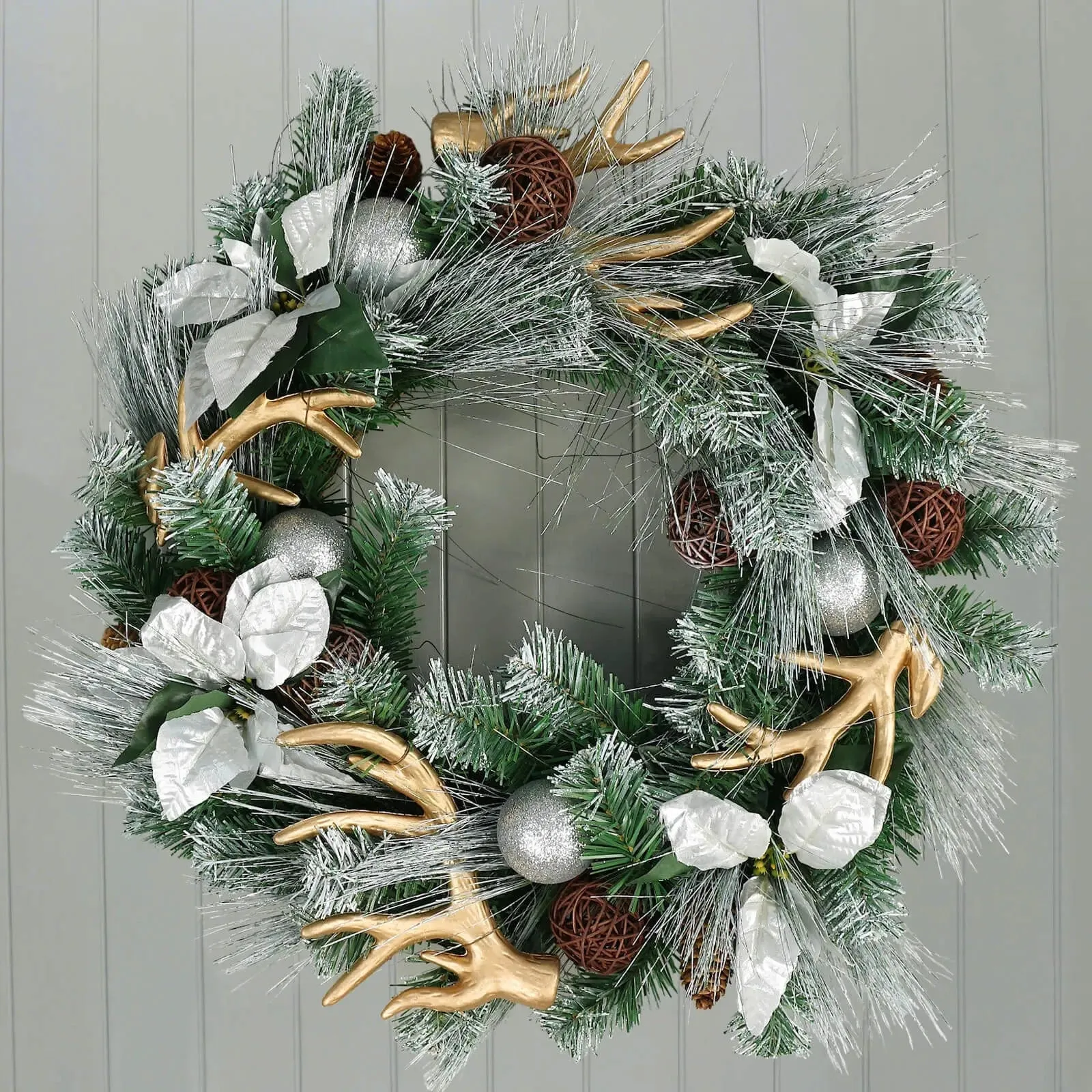 Gold Silver Christmas Wreath Frosted Pine Antlers Flowers 60cm