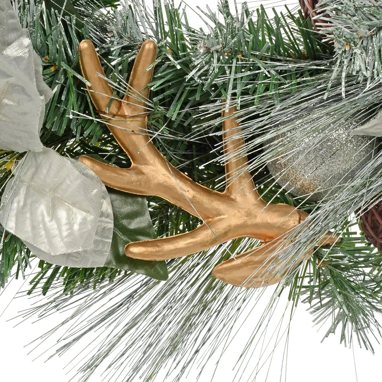 Gold Silver Christmas Wreath Frosted Pine Antlers Flowers 60cm