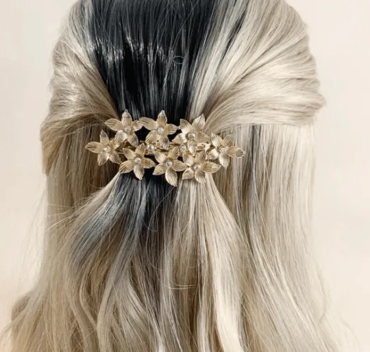 Golden or silver flower with rhinestone hair clip | beachs style l french barrette clips| korean bridal hair accessories| Gold art hair clip