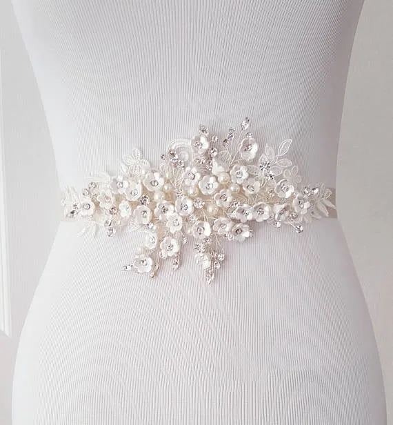 Gorgeous Beading Sash, White Lace Flowers Beading Sash,Elegant Girl Sash,Bridesmaids Wedding Sash, SA0013