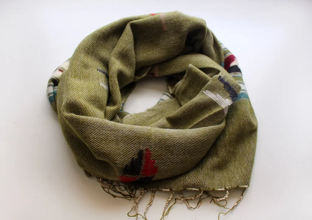 Green Border Butterfly Pattern Olive Green Handloomed Yak Wool Shawl