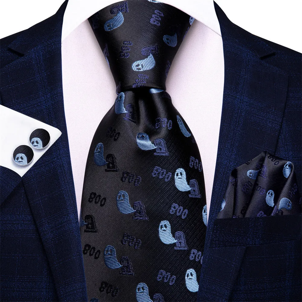 Halloween Black & Blue Ghost Necktie Set with Pocket Square and Cufflinks