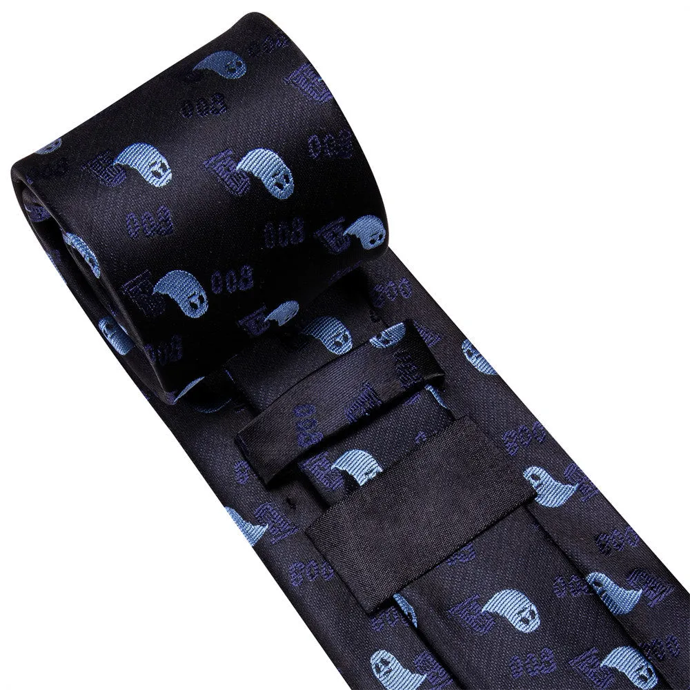 Halloween Black & Blue Ghost Necktie Set with Pocket Square and Cufflinks