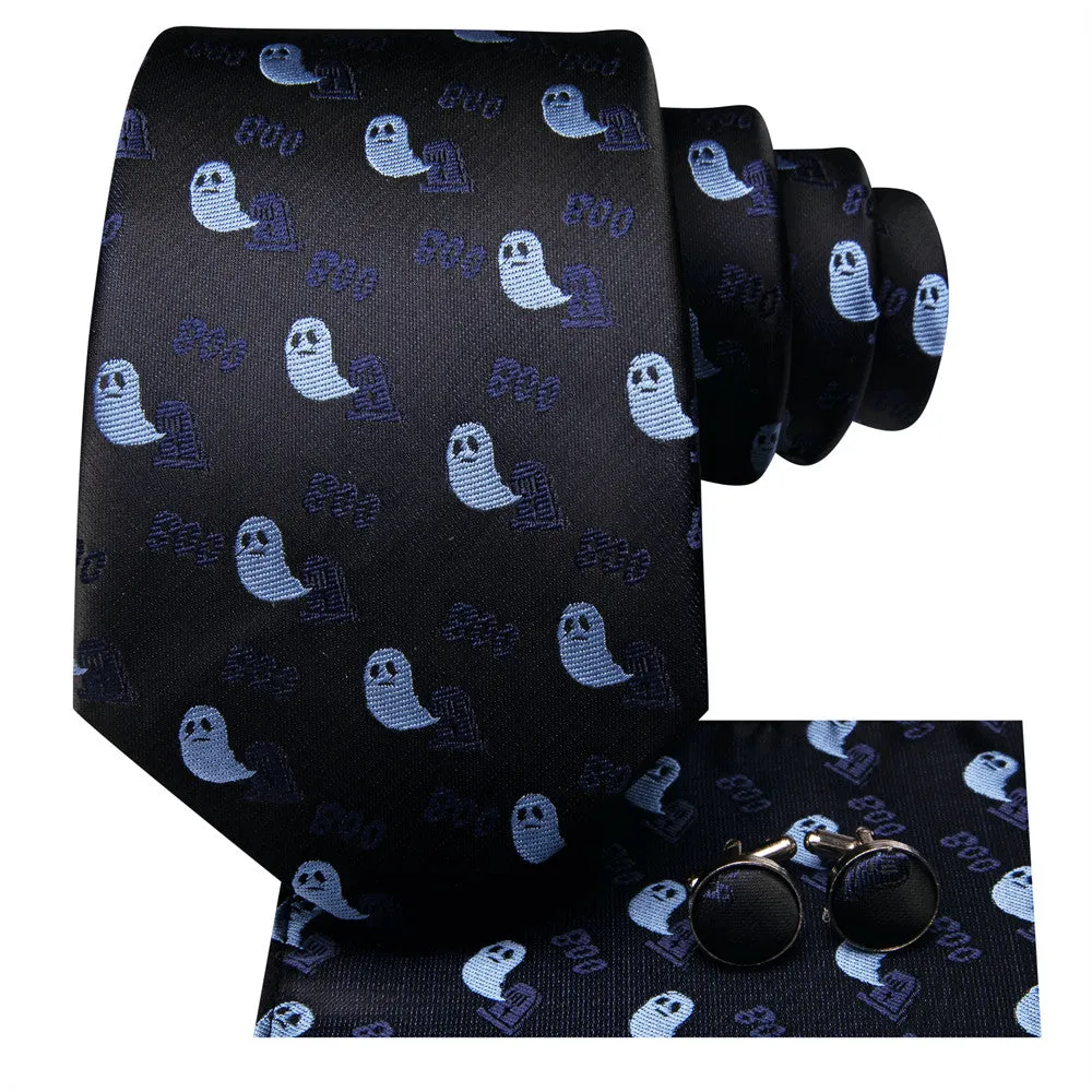 Halloween Black & Blue Ghost Necktie Set with Pocket Square and Cufflinks