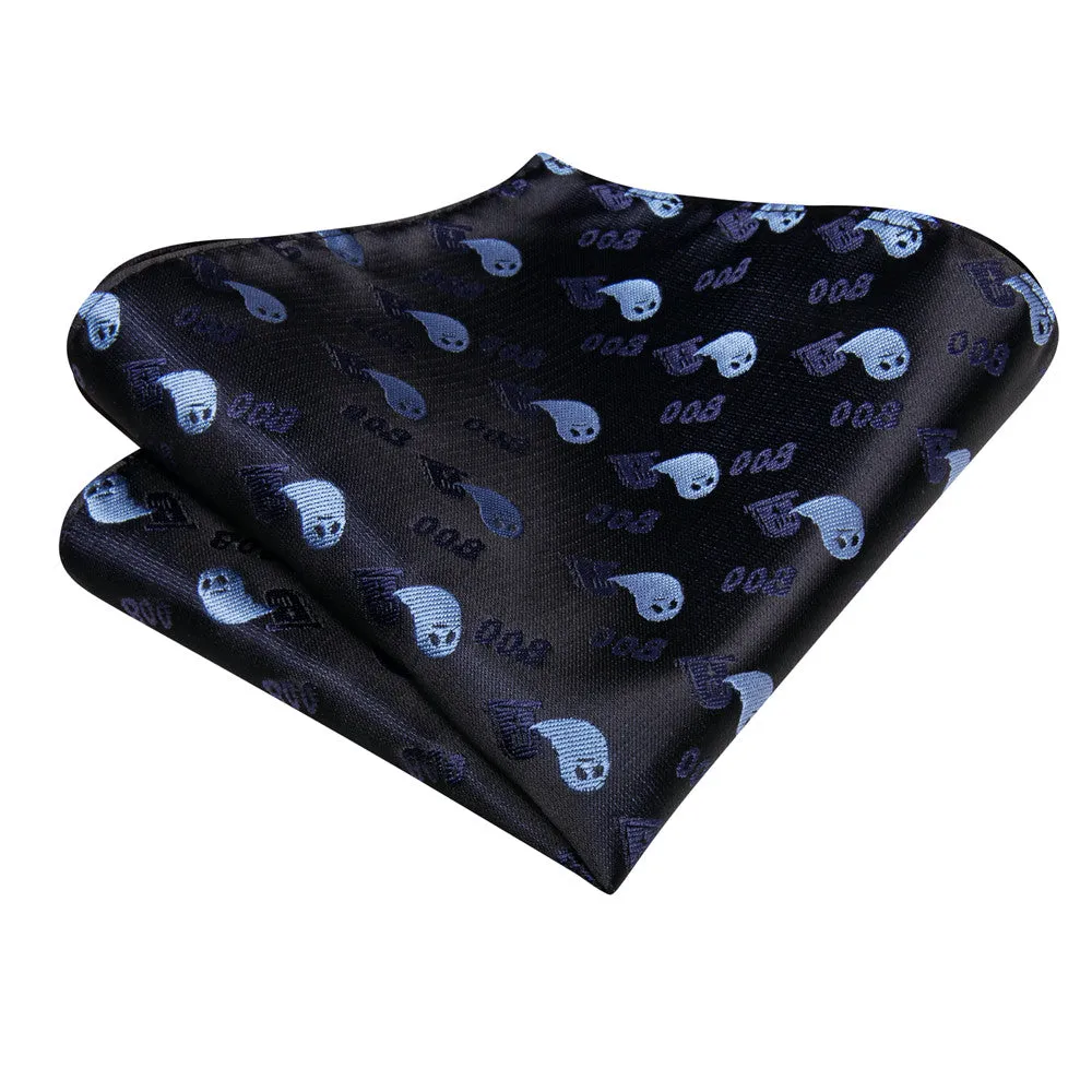 Halloween Black & Blue Ghost Necktie Set with Pocket Square and Cufflinks