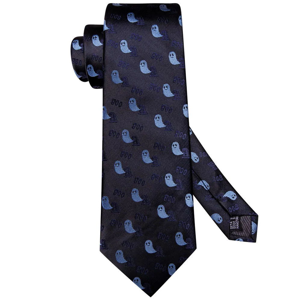 Halloween Black & Blue Ghost Necktie Set with Pocket Square and Cufflinks