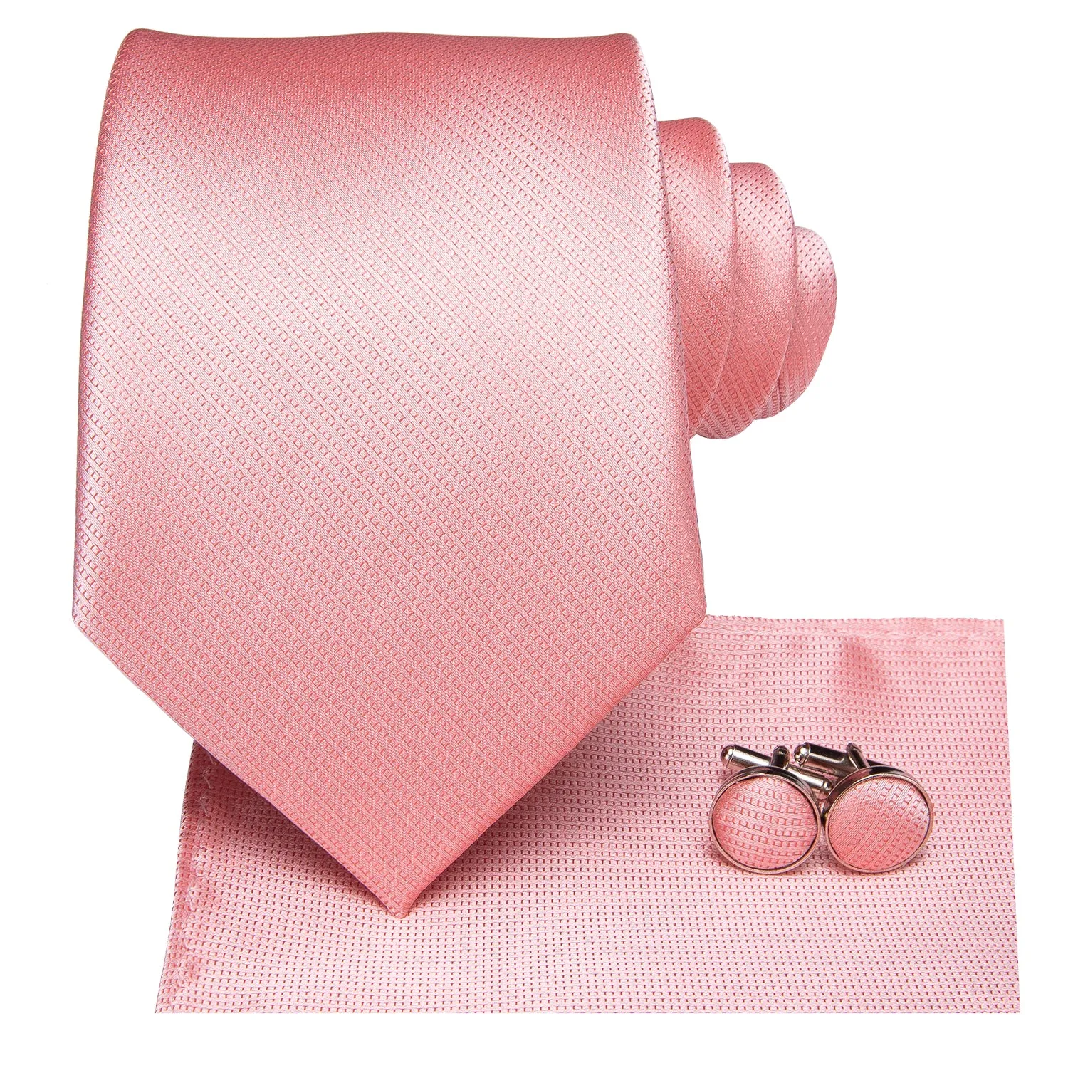 Hi-Tie $9.99 Pink Satin Wedding Coral Solid Tie Pocket Square Cufflinks Set