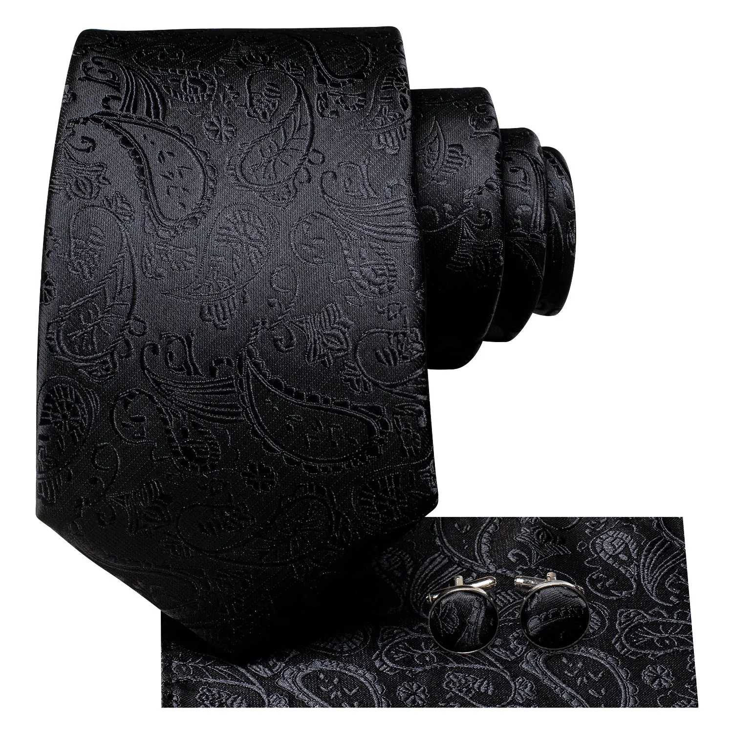 Hi-Tie Black Solid 67 Inches Extra Long Tie Handkerchief Cufflinks Set