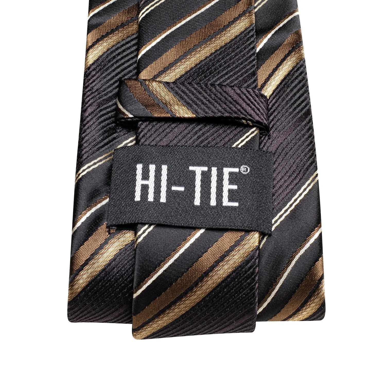 Hi-Tie Black Tie Brown Striped Silk Tie Pocket Square Cufflinks Set