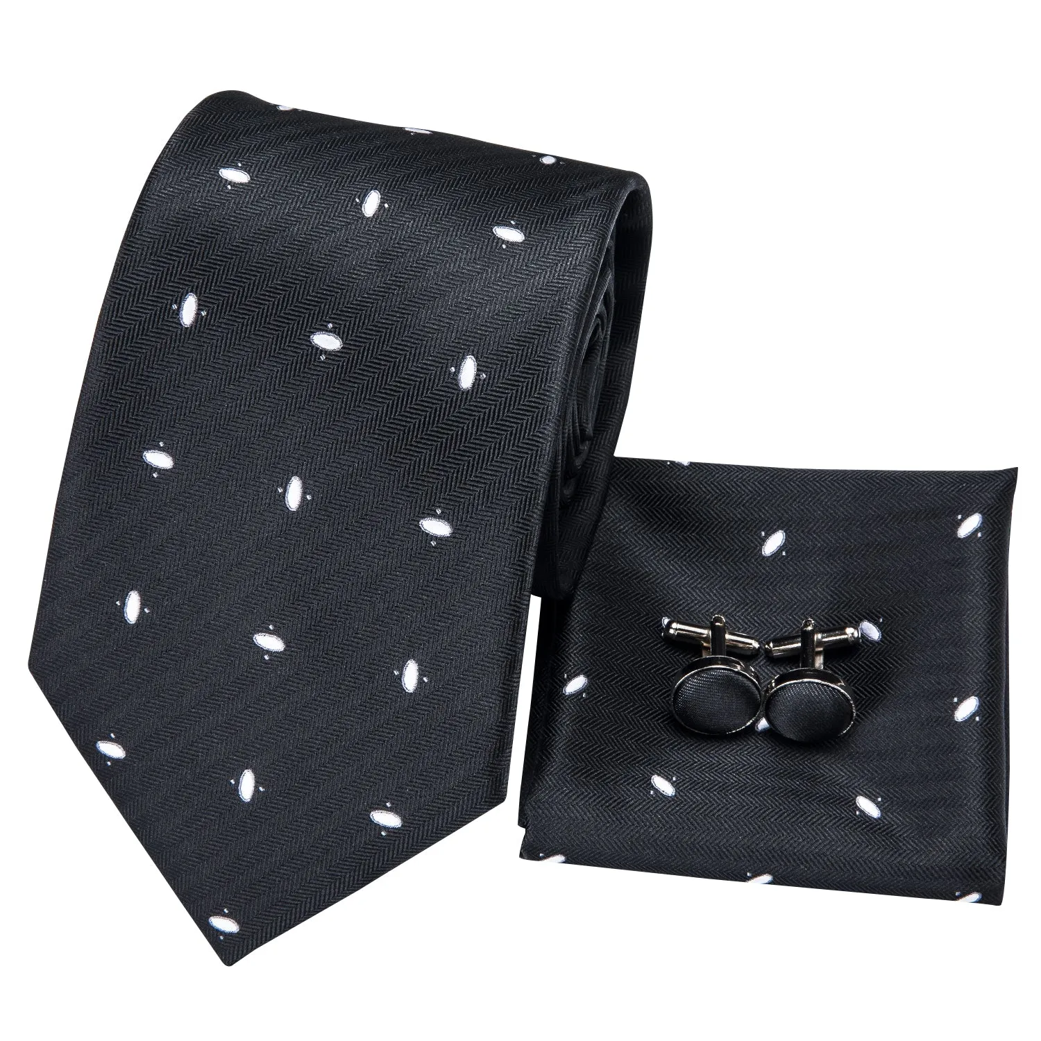 Hi-Tie Black White Polka Dot Necktie Pocket Square Cufflinks Sets