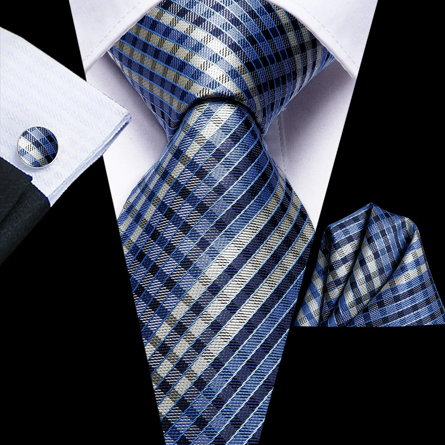 Hi-Tie Blue Beige Plaid Men's Silk Necktie Pocket Square Cufflinks Set