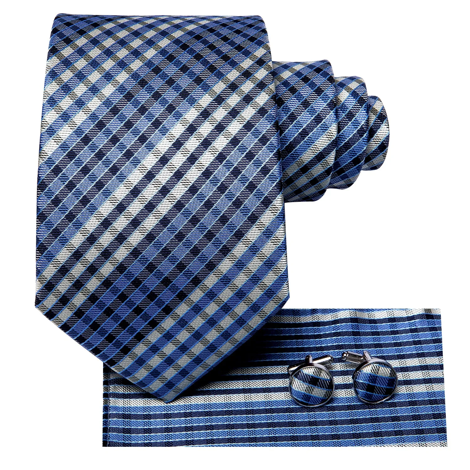 Hi-Tie Blue Beige Plaid Men's Silk Necktie Pocket Square Cufflinks Set