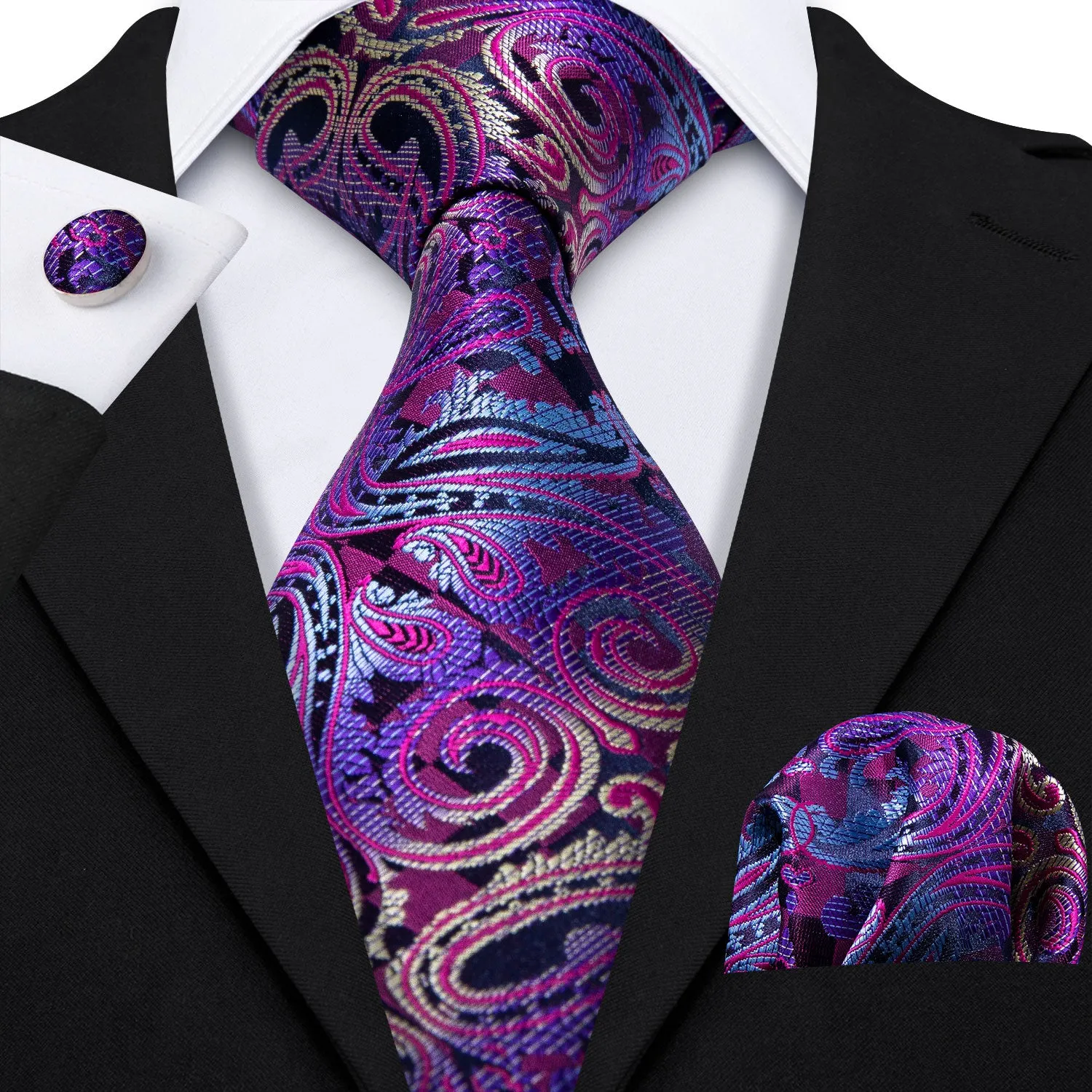 Hi-Tie Blue Purple Paisley Silk Men's Tie Pocket Square Cufflinks Set