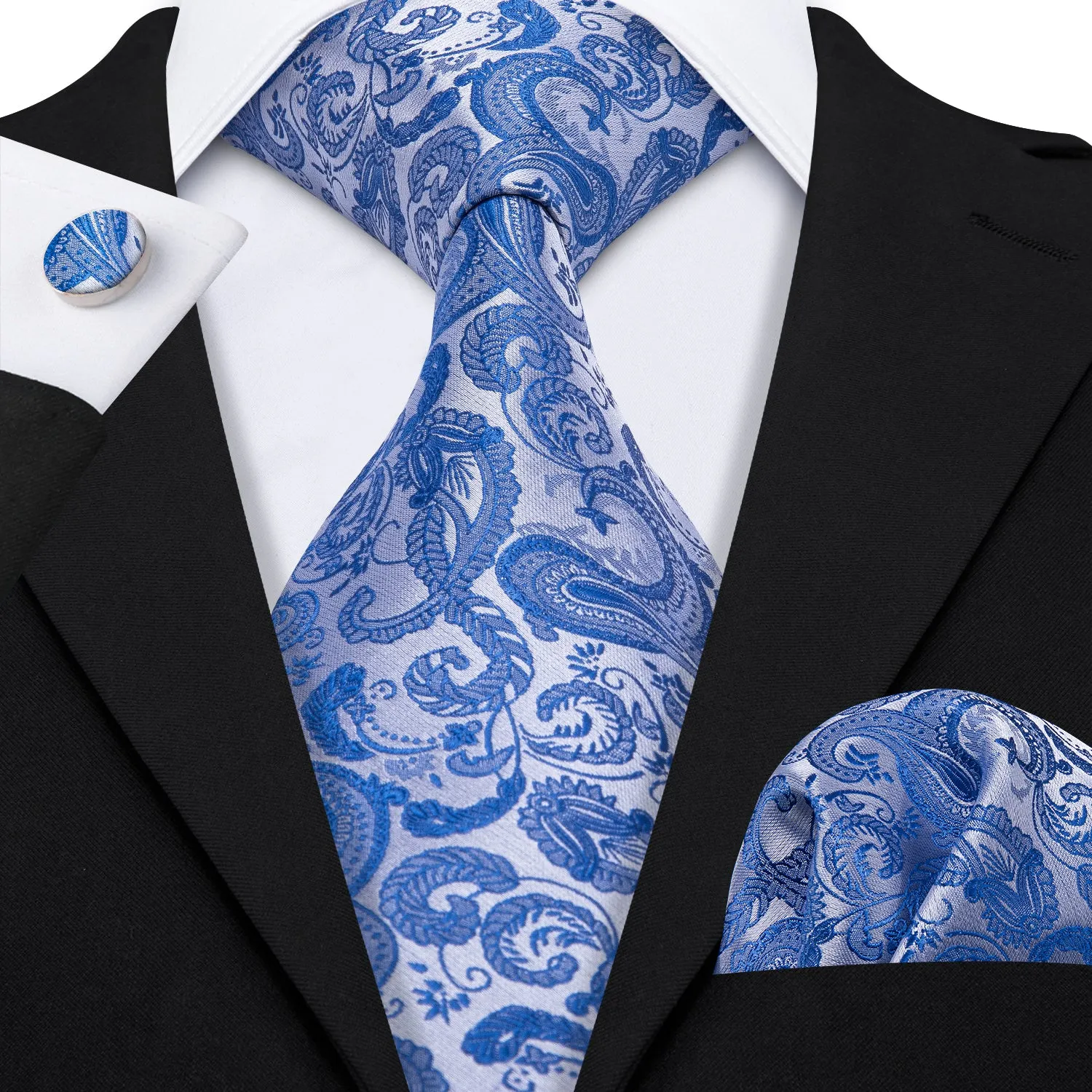 Hi-Tie Blue Tie Essential Blue Paisley Tie Pocket Square Cufflinks Set