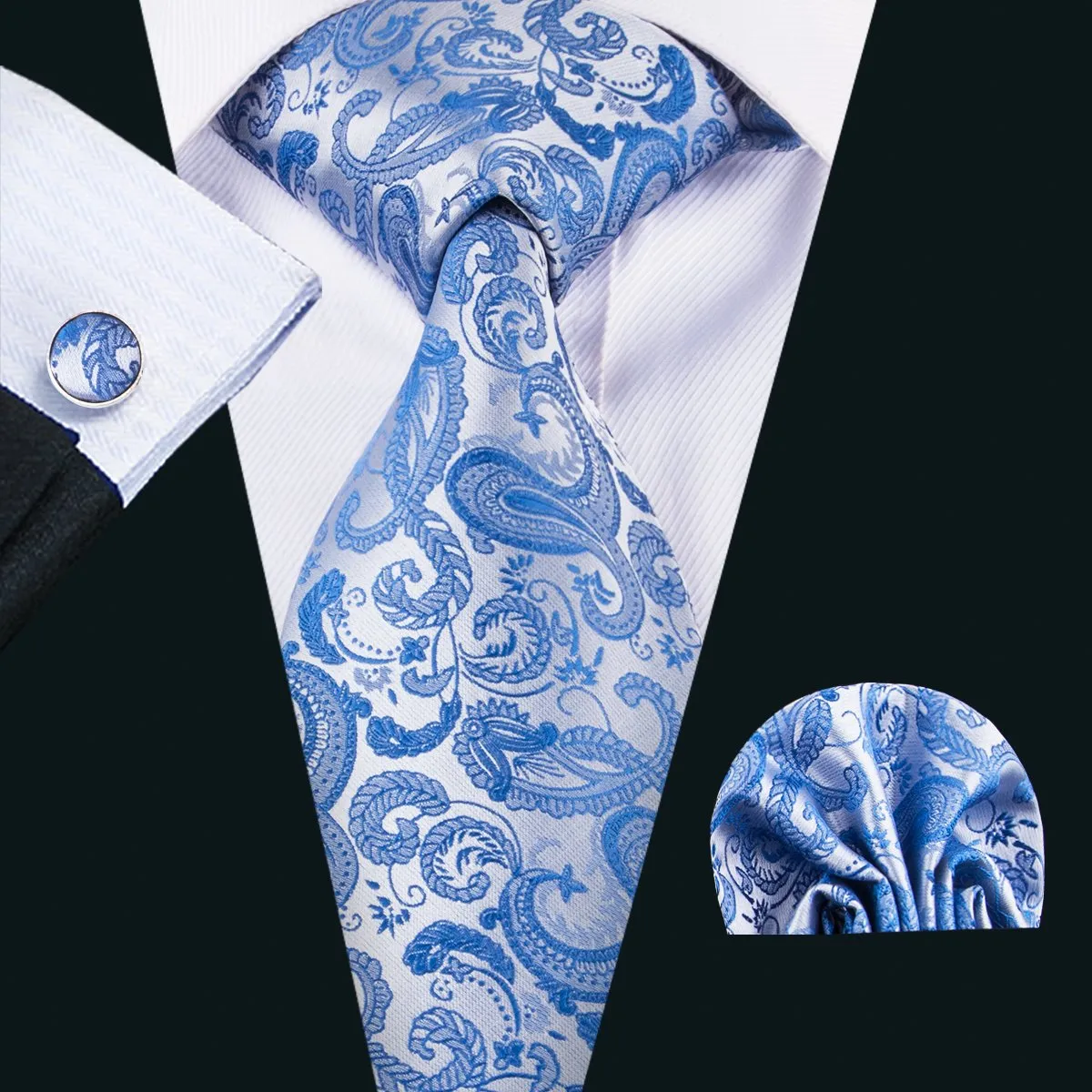 Hi-Tie Blue Tie Essential Blue Paisley Tie Pocket Square Cufflinks Set