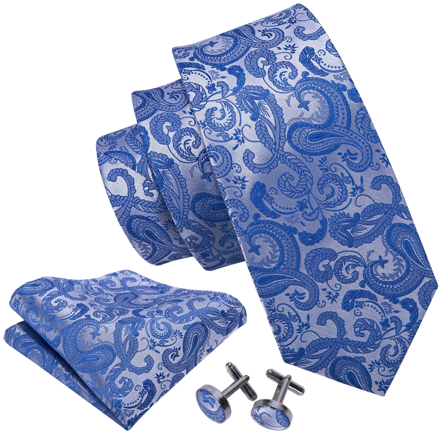 Hi-Tie Blue Tie Essential Blue Paisley Tie Pocket Square Cufflinks Set