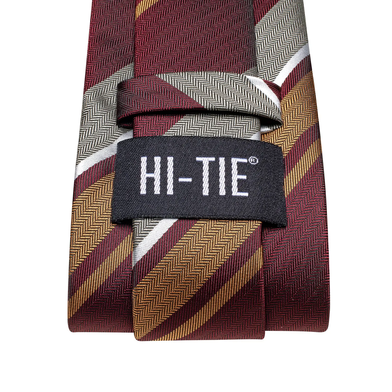 Hi-Tie Burgundy Tie Golden Ivory Silk Tie Pocket Square Cufflinks Set