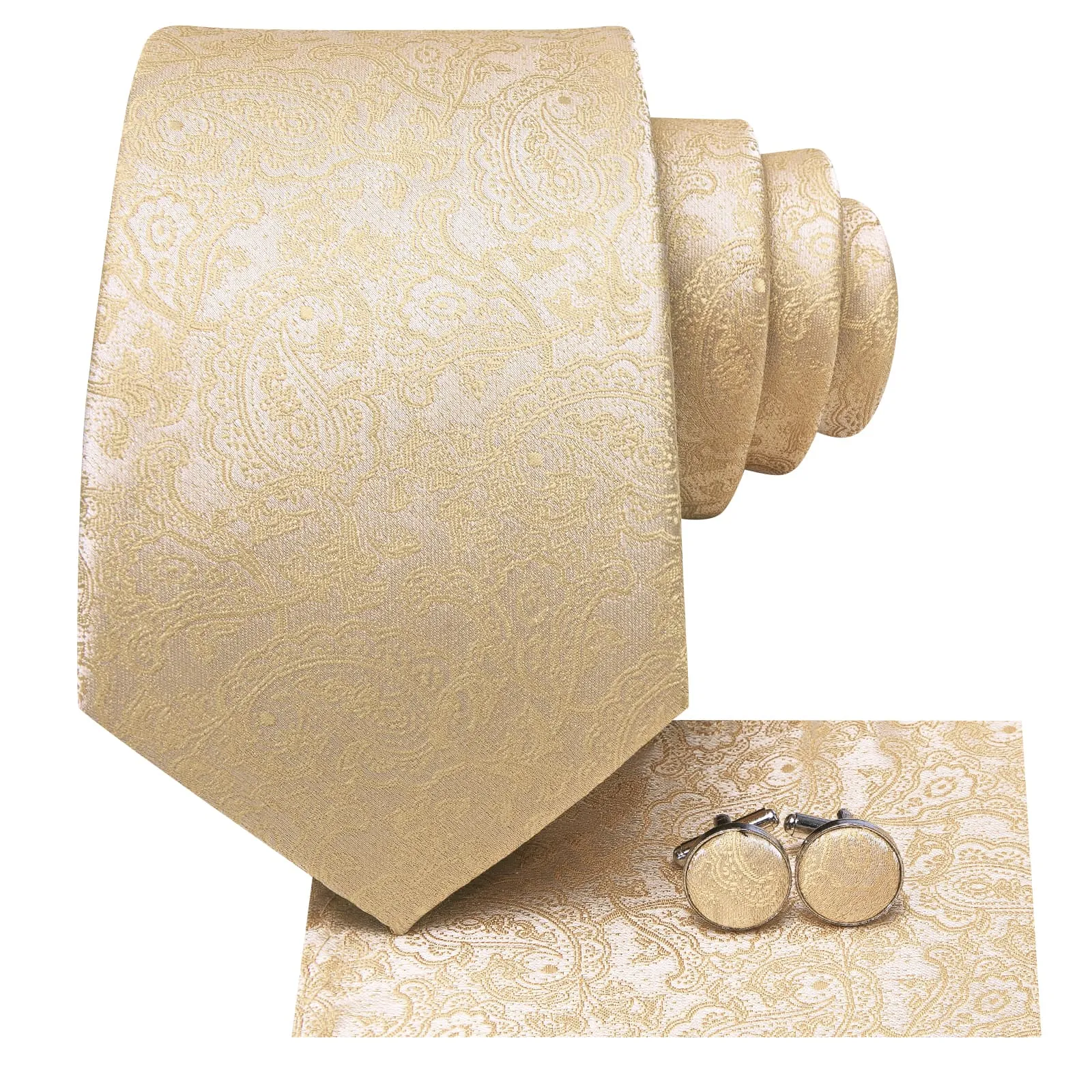 Hi-Tie Champagne Paisley Silk Men's Necktie Pocket Square Cufflinks Set