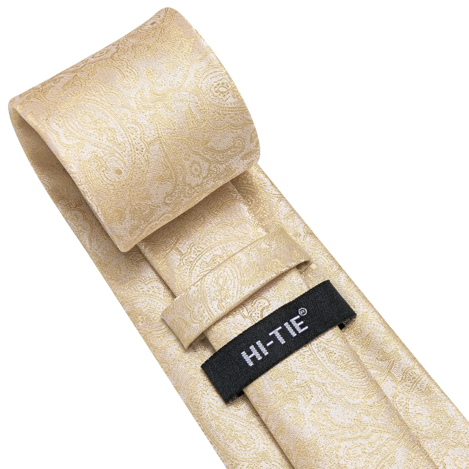 Hi-Tie Champagne Paisley Silk Men's Necktie Pocket Square Cufflinks Set