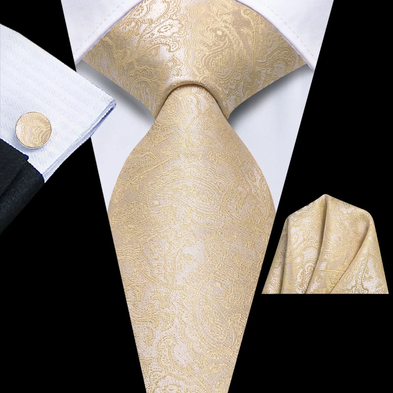 Hi-Tie Champagne Paisley Silk Men's Necktie Pocket Square Cufflinks Set