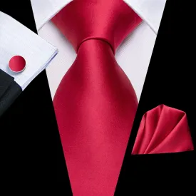 Hi-Tie Classic Red Solid Wedding Necktie Pocket Square Cufflinks Set