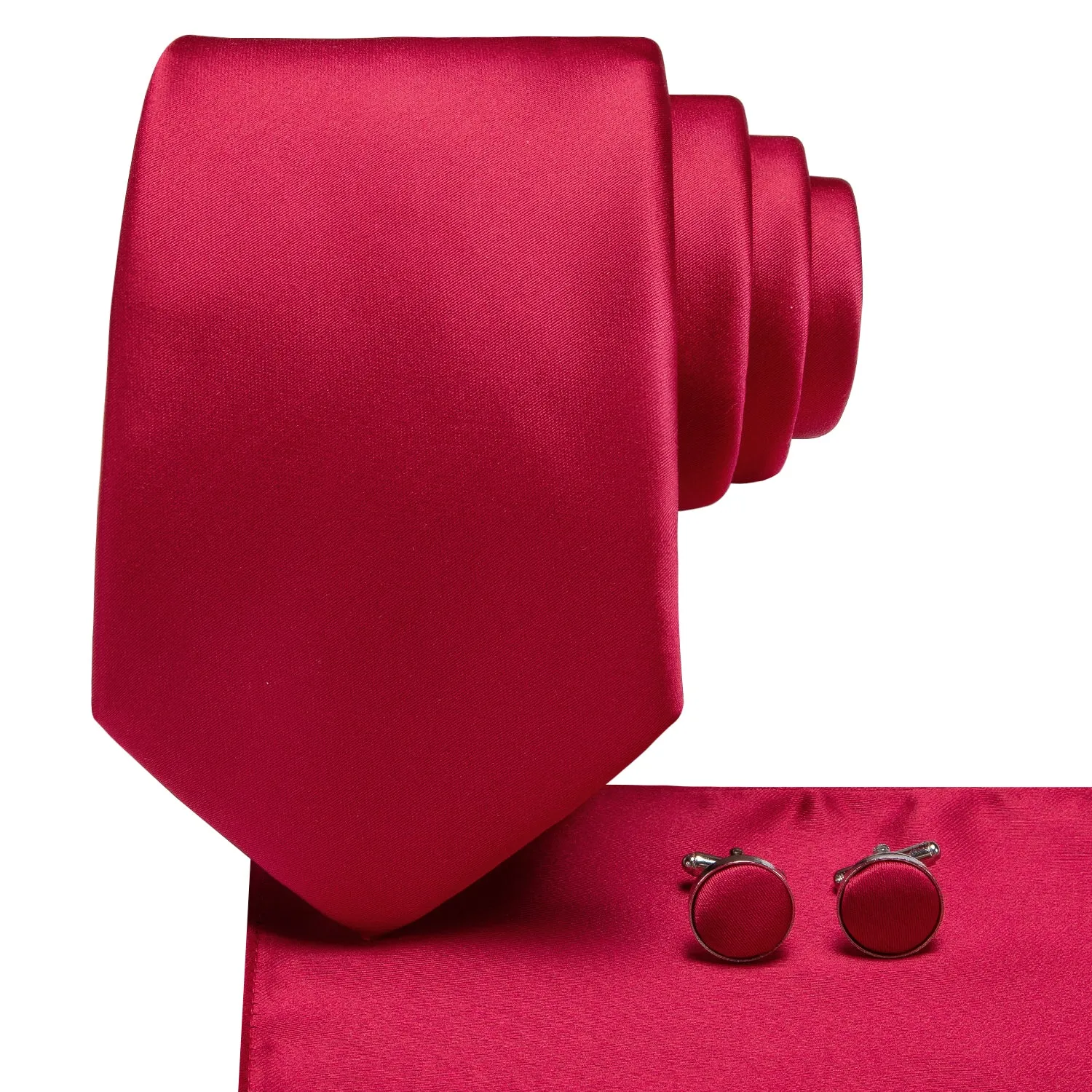 Hi-Tie Classic Red Solid Wedding Necktie Pocket Square Cufflinks Set