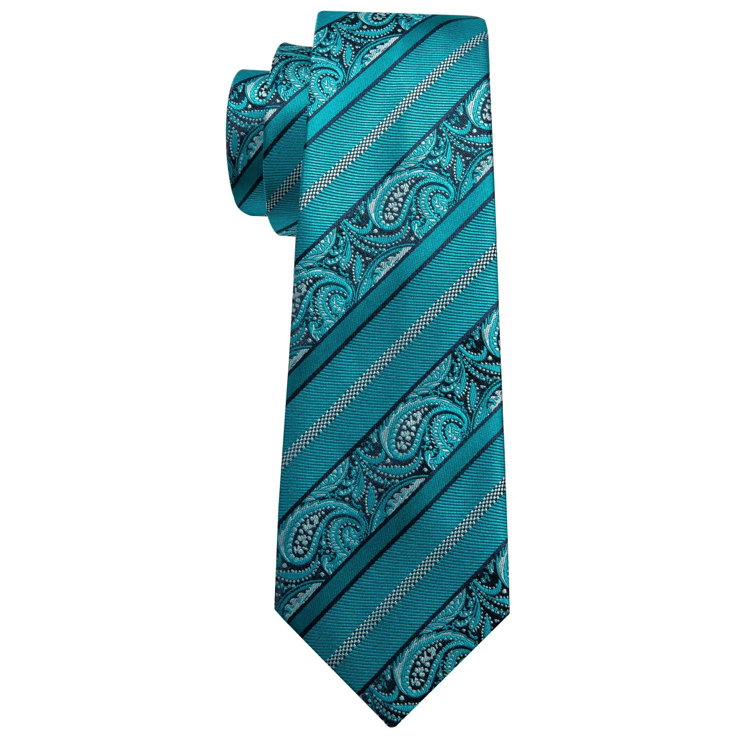 Hi-Tie Cyan Blue Paisley Silk Men's Tie Pocket Square Cufflinks Set