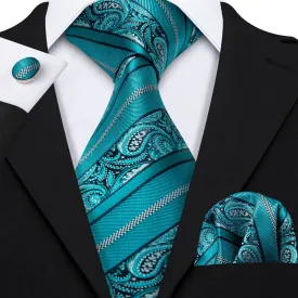 Hi-Tie Cyan Blue Paisley Silk Men's Tie Pocket Square Cufflinks Set