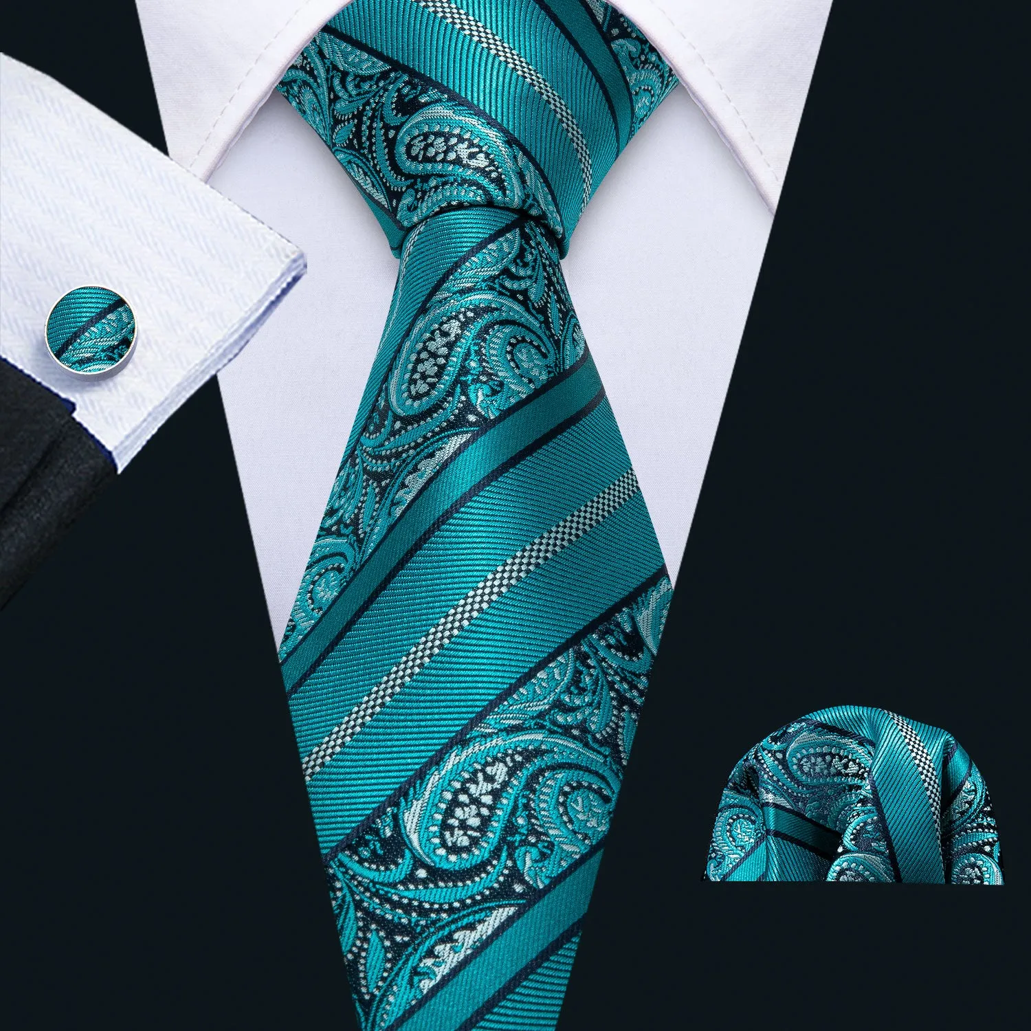 Hi-Tie Cyan Blue Paisley Silk Men's Tie Pocket Square Cufflinks Set