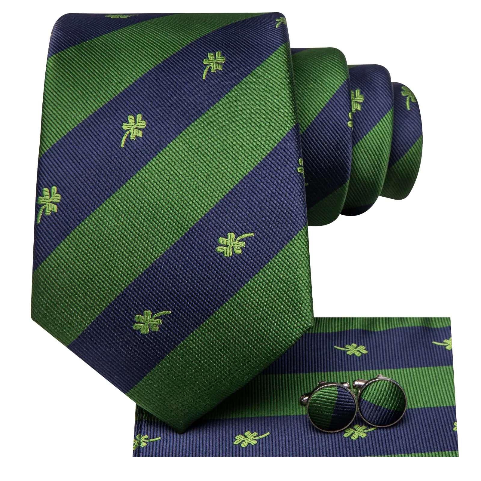 Hi-Tie Deep Blue Green Striped Silk Mens Tie Pocket Square Cufflinks Set