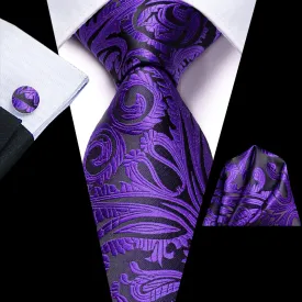 Hi-Tie Deep Purple Necktie Paisley Men Tie Pocket Square Cufflinks Set