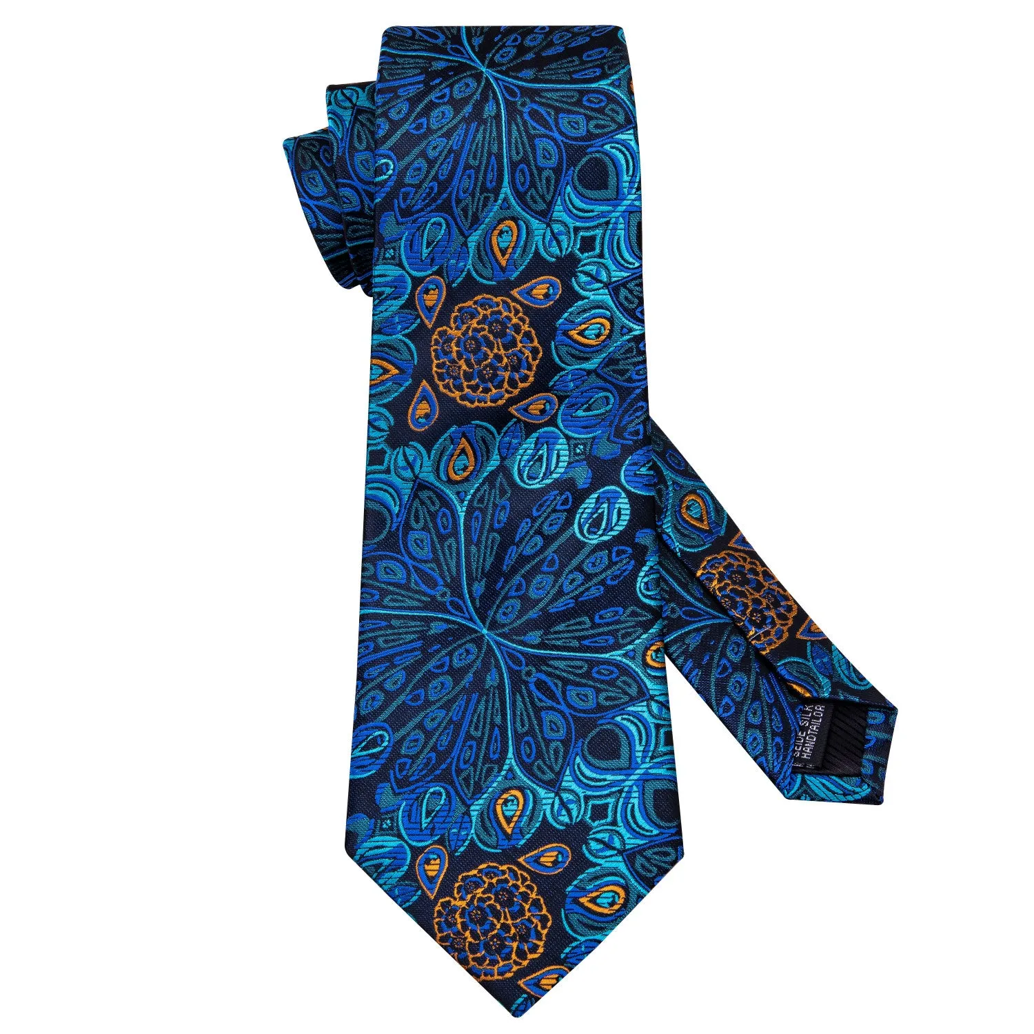 Hi-Tie Fantastic Teal Blue Floral Necktie Pocket Square Cufflinks Set