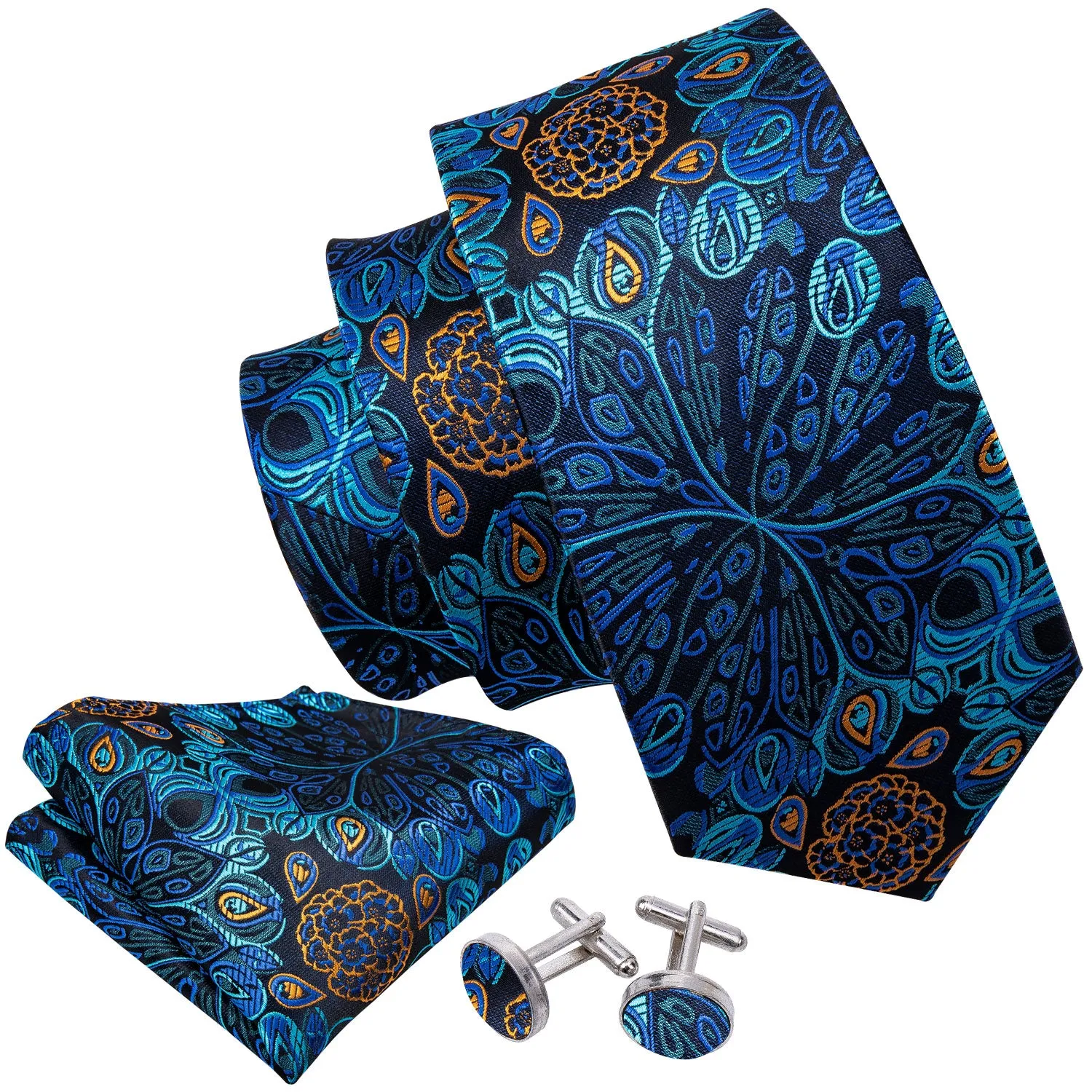 Hi-Tie Fantastic Teal Blue Floral Necktie Pocket Square Cufflinks Set