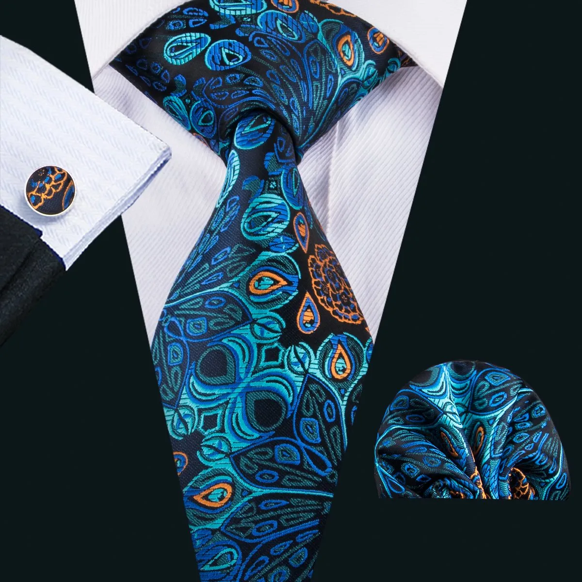 Hi-Tie Fantastic Teal Blue Floral Necktie Pocket Square Cufflinks Set