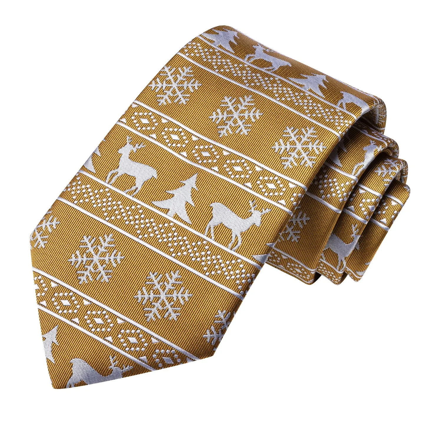 Hi-Tie Golden White Elk Christmas Necktie Pocket Square Cufflinks Set