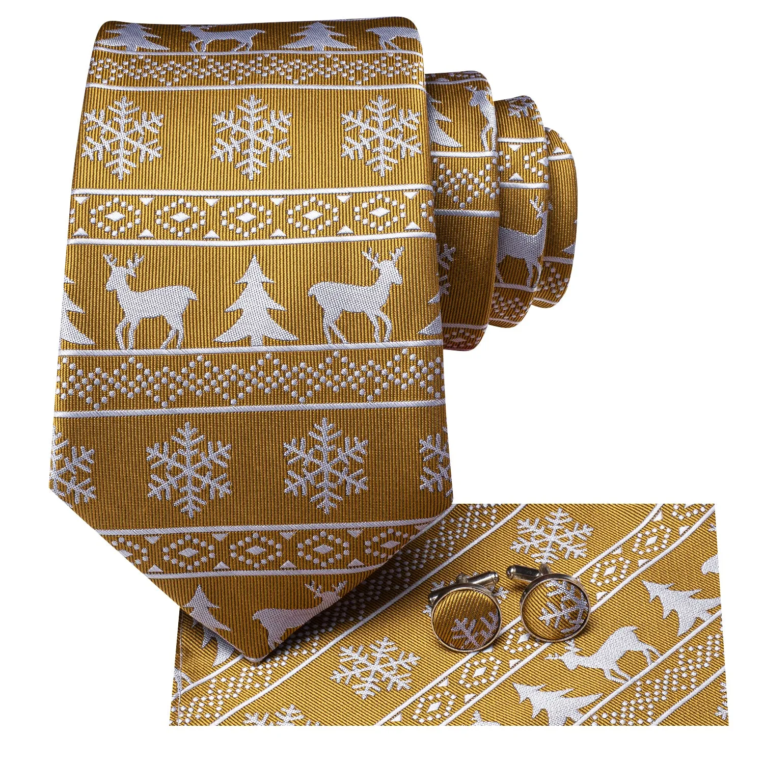 Hi-Tie Golden White Elk Christmas Necktie Pocket Square Cufflinks Set