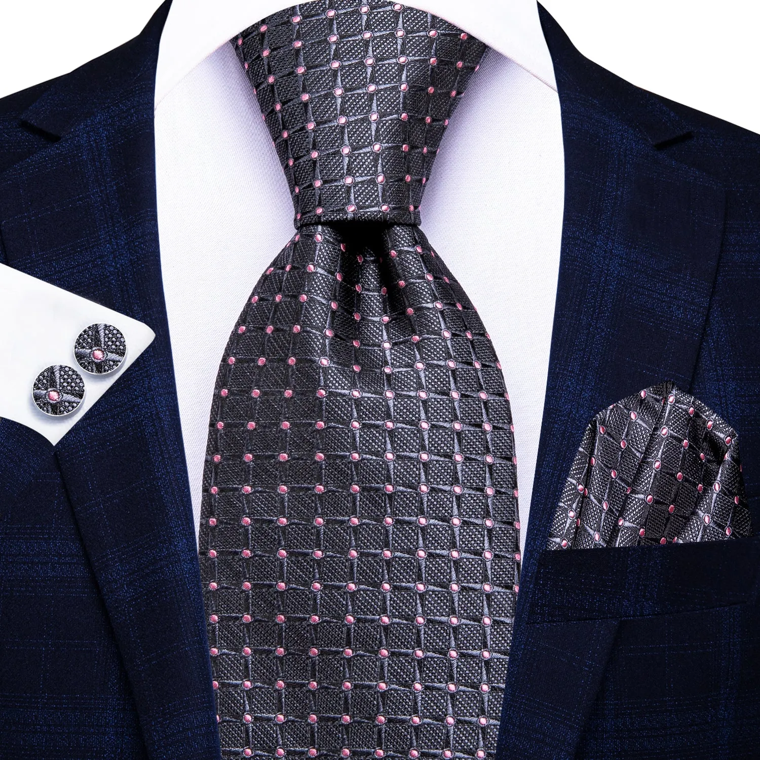 Hi-Tie Grey Pink Novelty Men's Tie Pocket Square Cufflinks Set