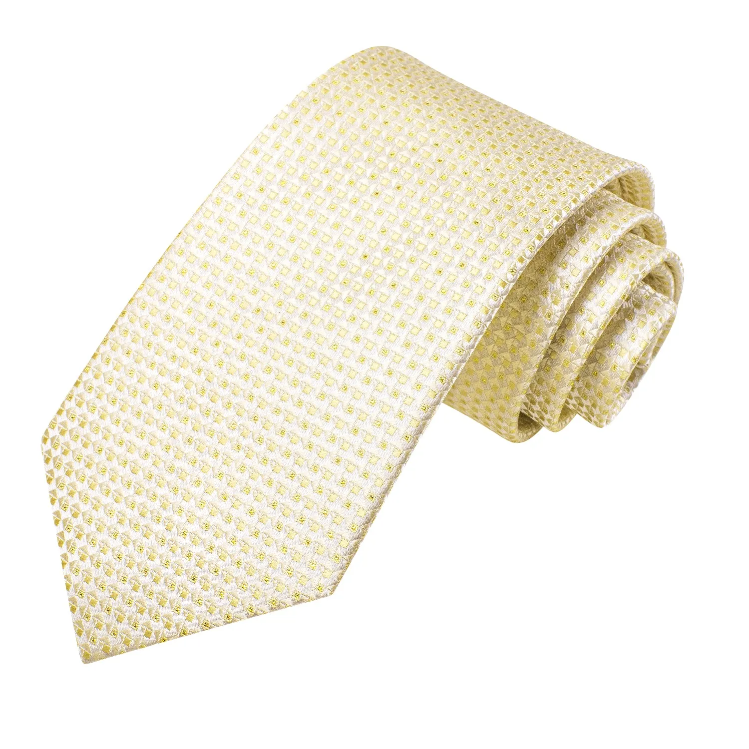 Hi-Tie Light Yellow Novelty Plaid Silk Tie Pocket Square Cufflinks Set