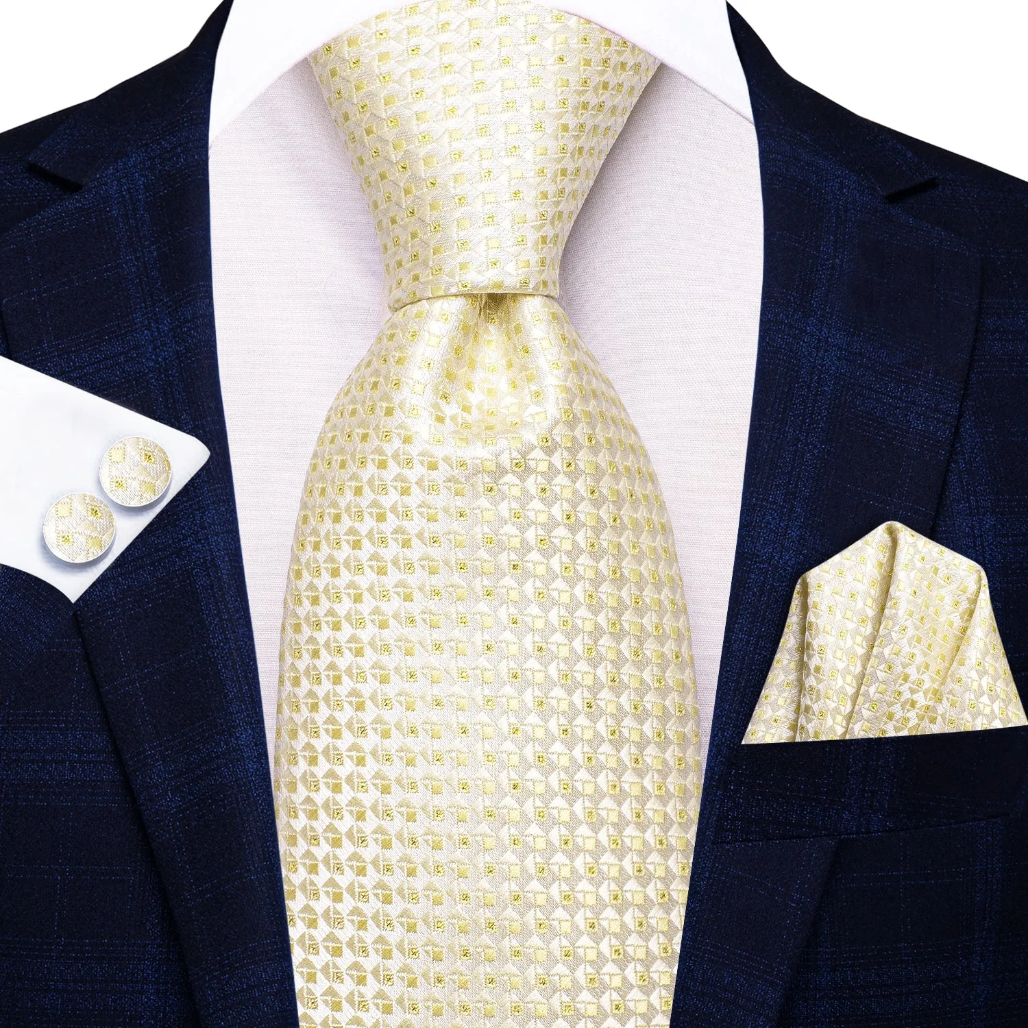 Hi-Tie Light Yellow Novelty Plaid Silk Tie Pocket Square Cufflinks Set