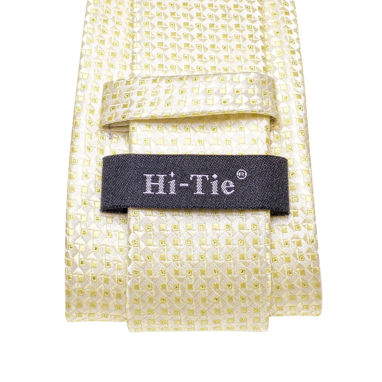 Hi-Tie Light Yellow Novelty Plaid Silk Tie Pocket Square Cufflinks Set