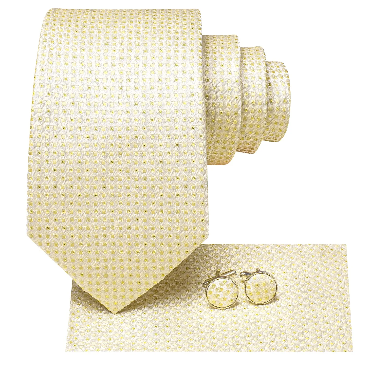 Hi-Tie Light Yellow Novelty Plaid Silk Tie Pocket Square Cufflinks Set