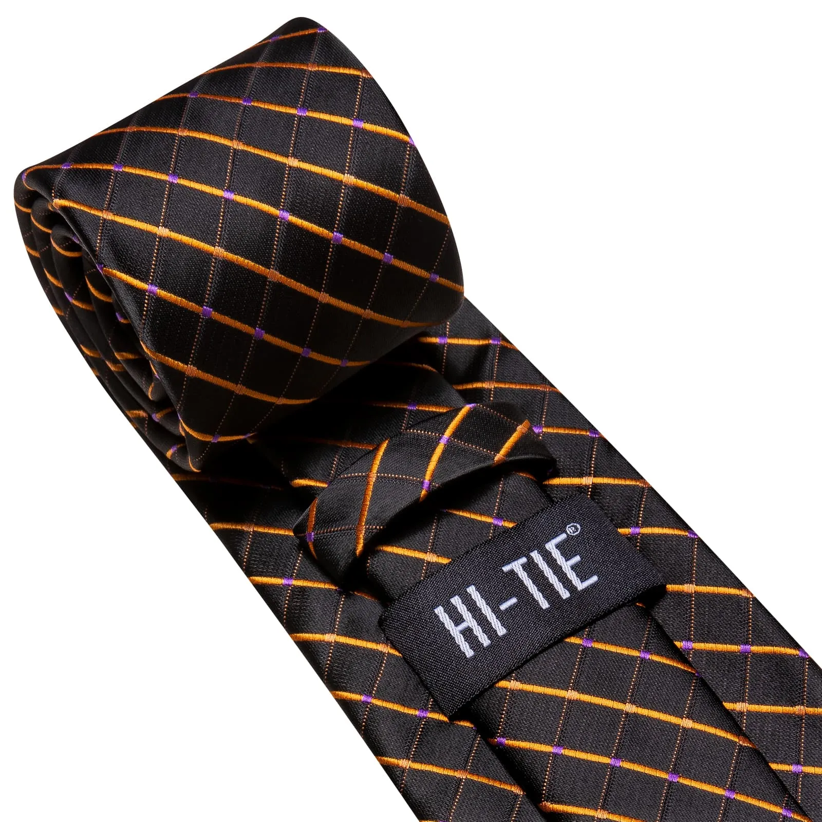 Hi-Tie Men's Black Tie Checkered Gold Lines Tie Hanky Cufflinks Set